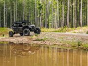 Stroje nielen pre drsňákov – štvorkolky zvládne aj začiatočník Terénna štvorkolka zaparkovaná pri lesnej ceste s odrazom v kaluži vody, obklopená vysokými stromami.